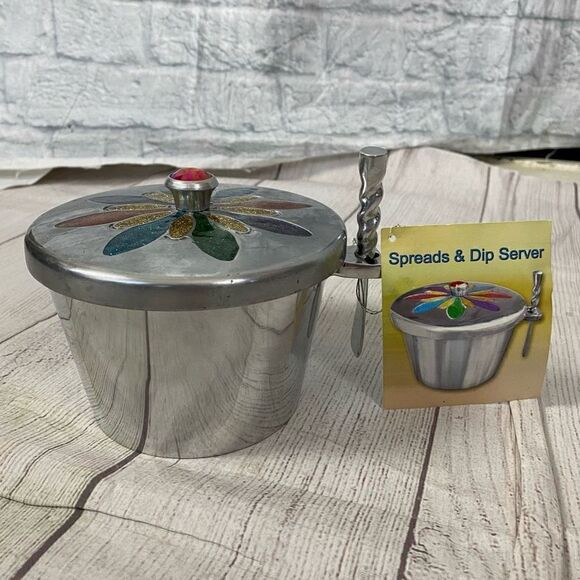 Spreads & dip aluminum server with colorful decorated lid brand new - Picture 1 of 8